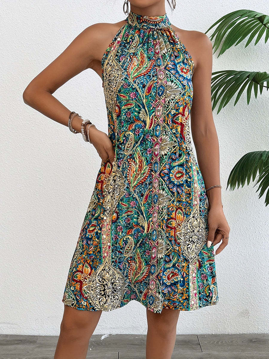 Damen Boho Sommerkleid mit Neckholder und buntem Ethno-Muster – Ideal für Urlaub, Strand & Gartenparty