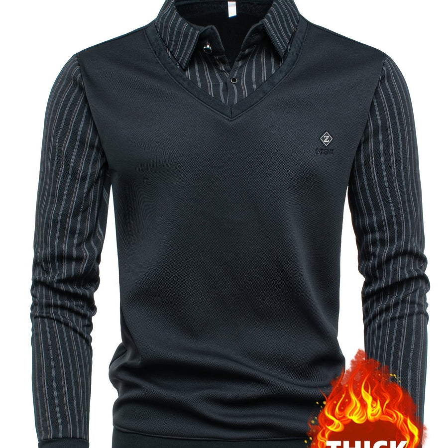 Herren Langarmshirt mit V-Ausschnitt und Hemdkragen, Streifenmuster