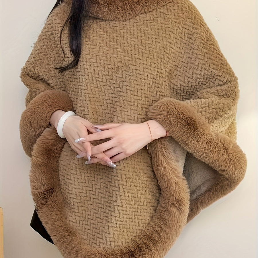 Damen Poncho Kuschelig Weich mit Kunstpelzbesatz Rollkragen