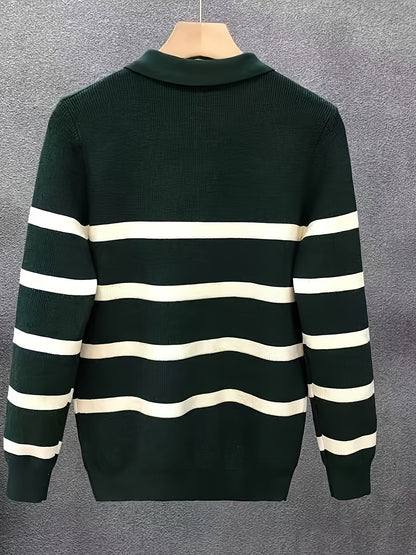 Unisex Langarm-Poloshirt mit Reißverschluss und Streifenmuster