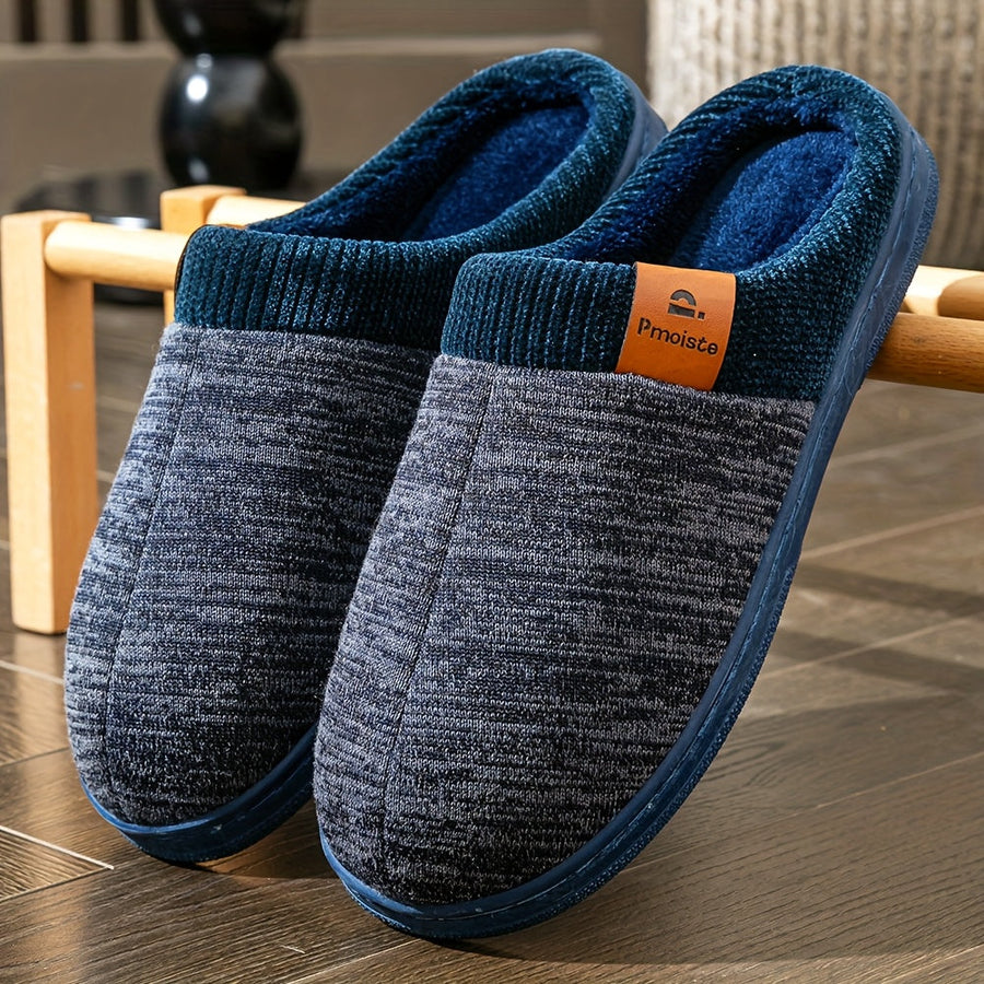 Unisex Hausschuhe Slipper Gemütlich Gefüttert Strickmuster Blau Grau