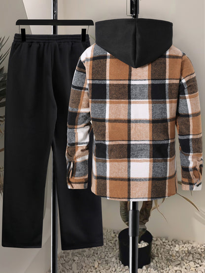 Herren Kariertes Flanell Hemd mit Kapuze & Einfarbige Jogginghose Set Grau