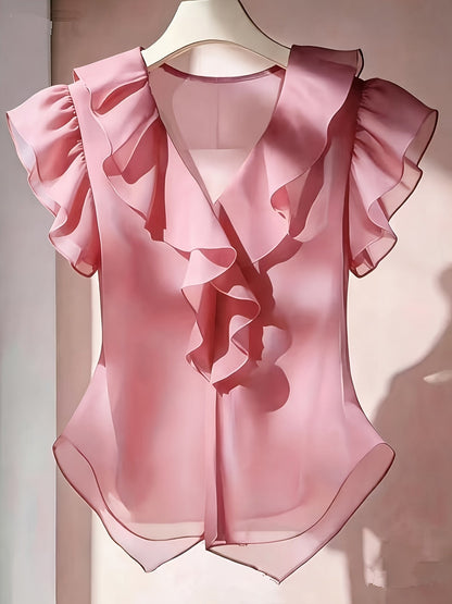 Damen Rüschenbluse mit V-Ausschnitt und Volantärmeln – Eleganter Stil für Büro und besondere Anlässe