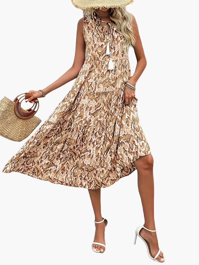Damen Boho A-Linien Sommerkleid ärmellos – Luftiges Freizeitkleid mit Allover-Print und Quasten