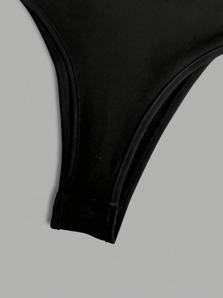 Damen Body Schwarz Langarm mit Weißer Schleife Vorn & Hinten