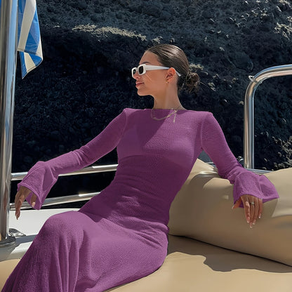 Damen Maxi Kleid mit langen Ärmeln und elegantem Wave-Design – Stilvolles Urlaubsoutfit für Strand und Yacht