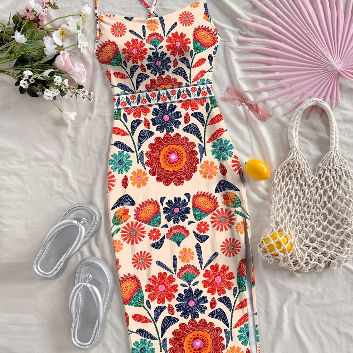 Damen Midi Kleid mit Blumenmuster und Spaghettiträgern – Boho Chic für Alltag & Urlaub