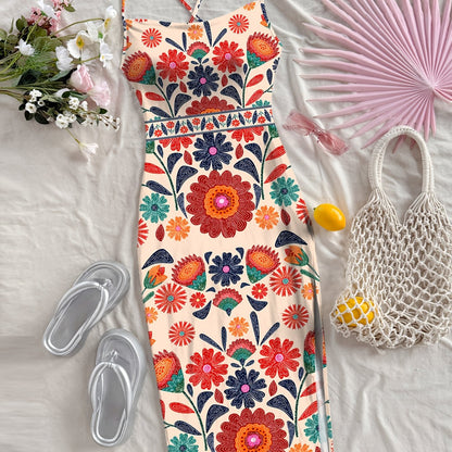 Damen Midi Kleid mit Blumenmuster und Spaghettiträgern – Boho Chic für Alltag & Urlaub