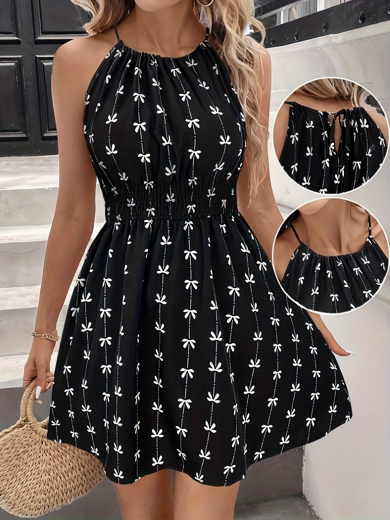 Damen A-Linien-Kleid mit Schleifenmuster und Neckholder – Elegantes Freizeitkleid