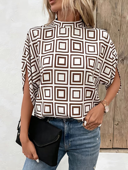 Damen Bluse mit Stehkragen und modernem geometrischem Muster, eleganter Business- und Freizeitstil