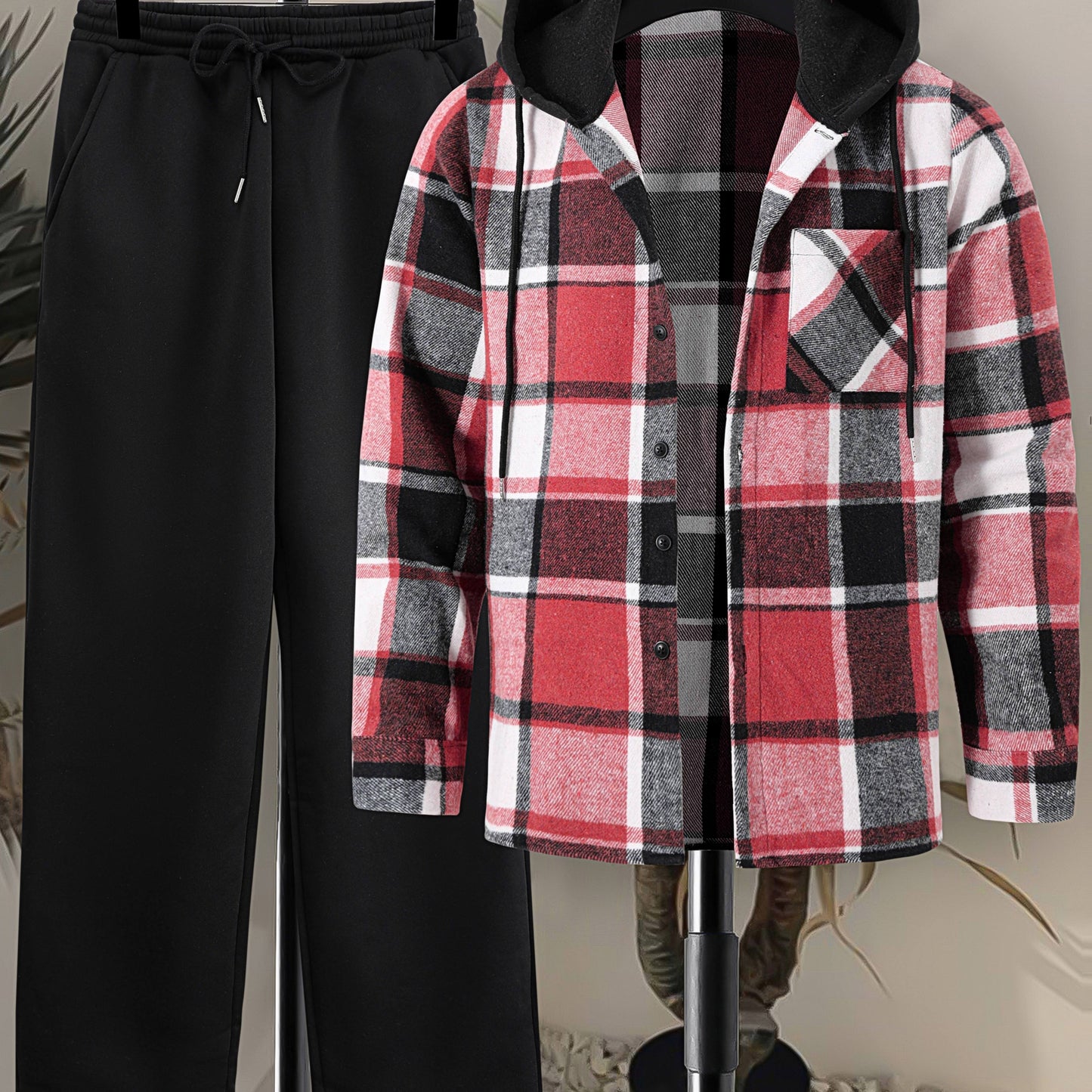 Herren Kariertes Flanell Hemd mit Kapuze & Einfarbige Jogginghose Set Grau