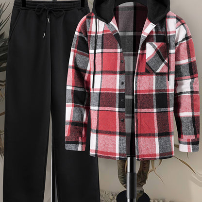 Herren Kariertes Flanell Hemd mit Kapuze & Einfarbige Jogginghose Set Grau
