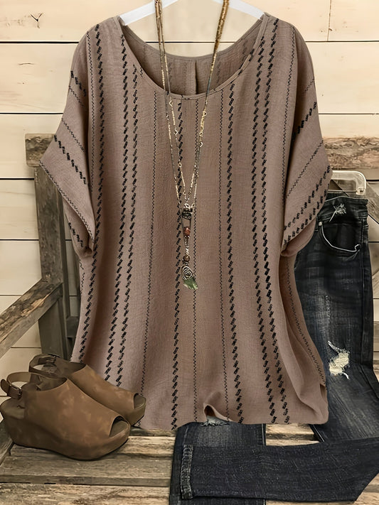 Damen Boho Tunika mit Muster und Kurzarm – Lässige Oversize Bluse im Ethno-Stil