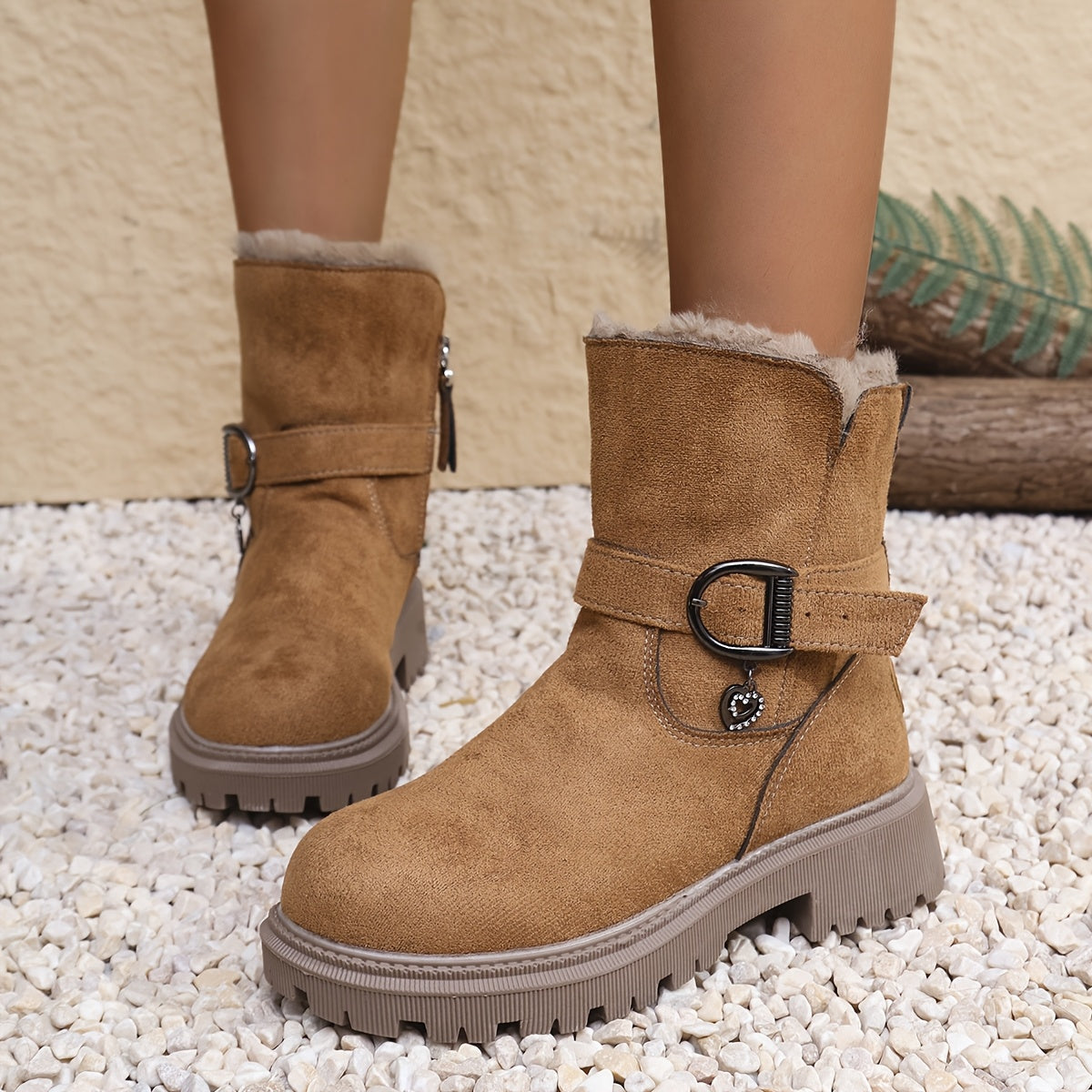 Damen Winterstiefel Braun Knöchelhoch Warm Gefüttert mit Schnalle
