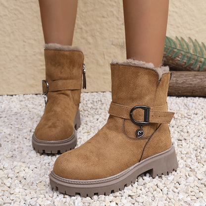 Damen Winterstiefel Braun Knöchelhoch Warm Gefüttert mit Schnalle
