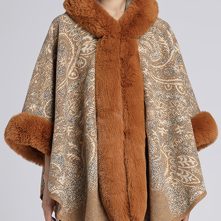 Damen Cape mit Kapuze, Pelzbesatz und Muster – Gemütlicher Umhang
