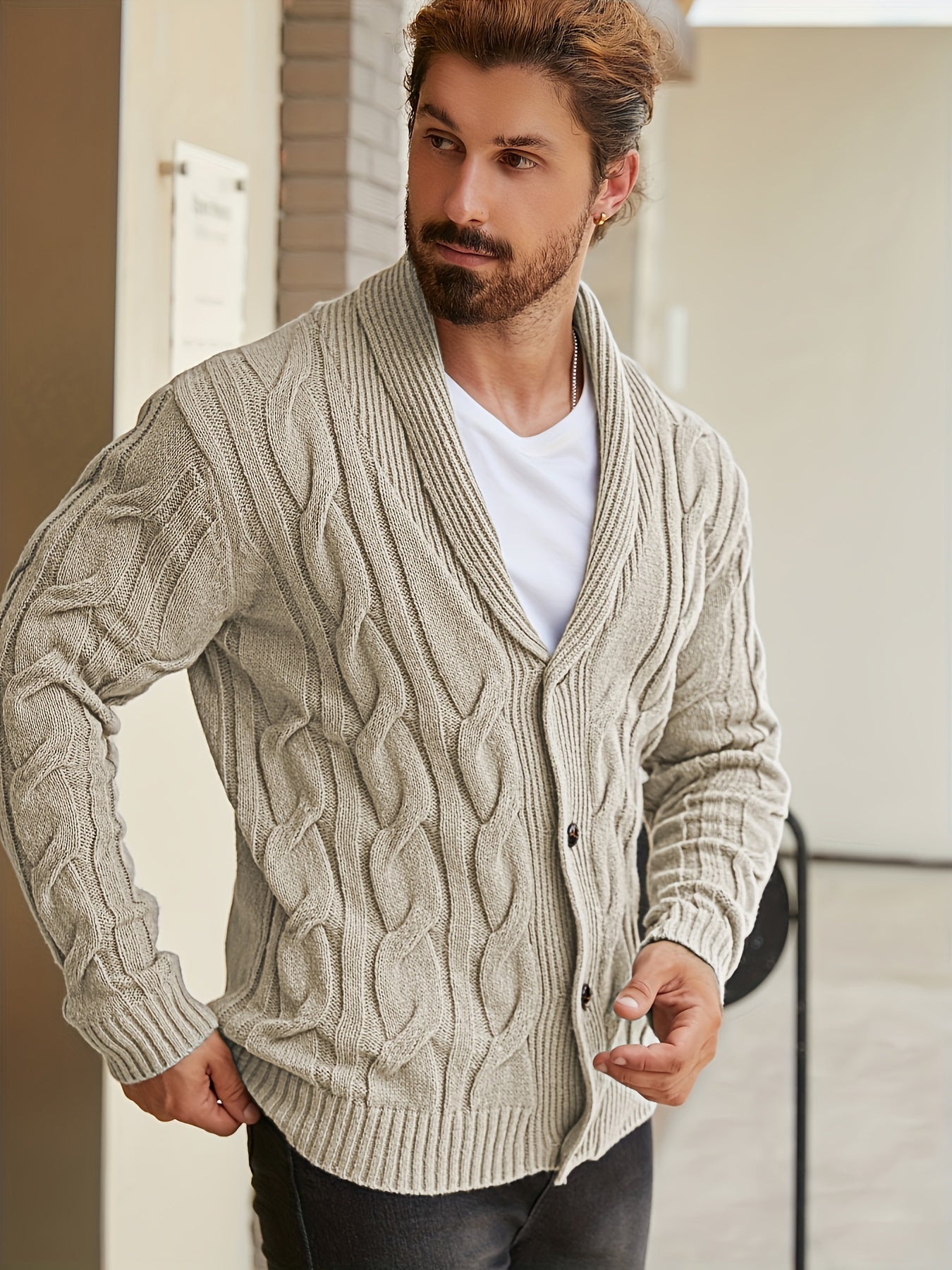 Herren Strickjacke Schalkragen Zopfmuster Knöpfe
