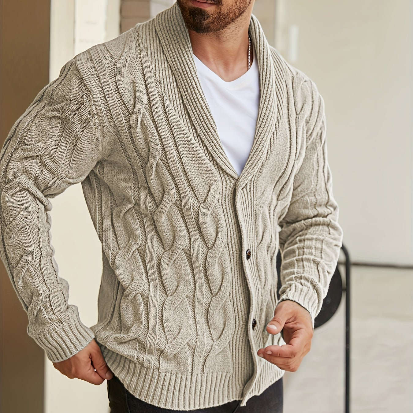 Herren Strickjacke Schalkragen Zopfmuster Knöpfe
