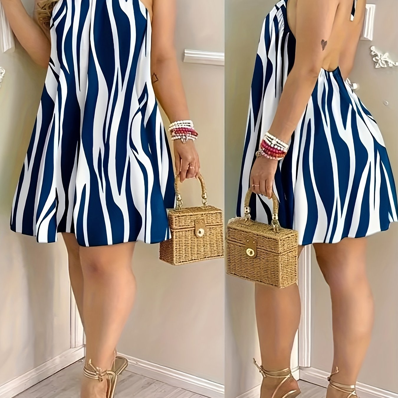 Damen Mini Kleid mit abstraktem Muster und offenem Rücken – Modisches Strand- und Freizeitkleid