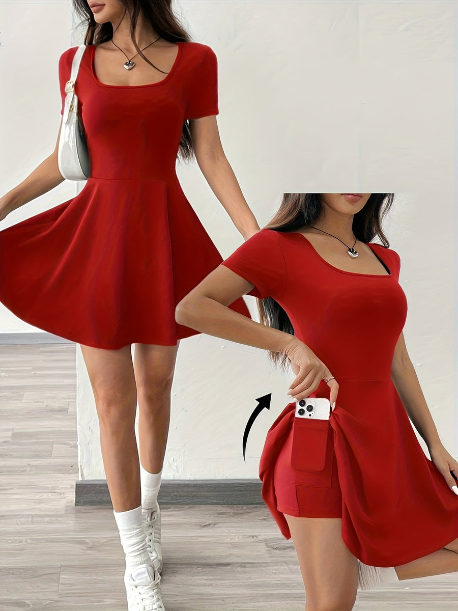 Damen Skaterkleid Elegant Kurzarm Freizeitkleid für Alltag und Ausgehen