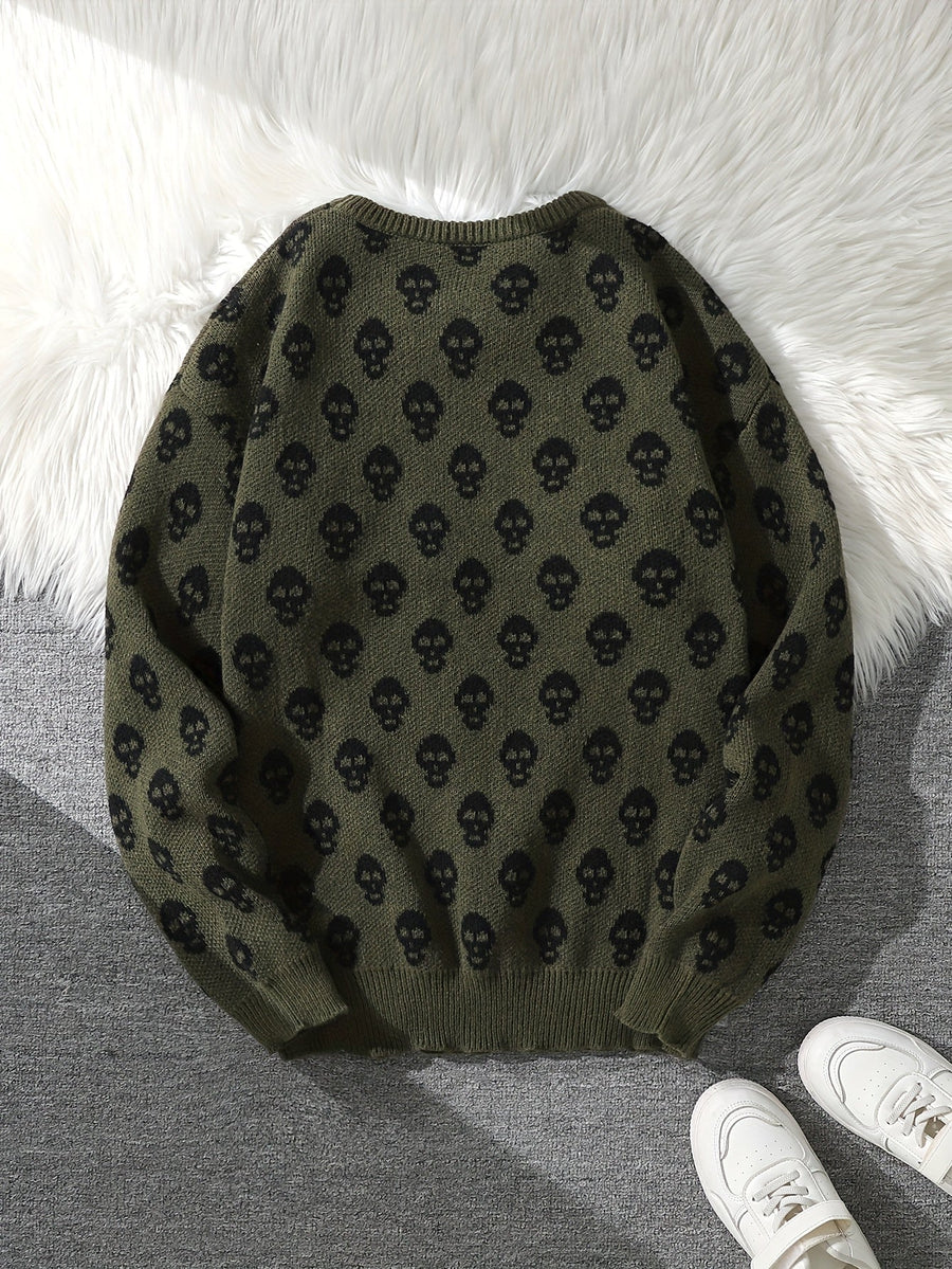 Unisex Strickpullover mit Rundhalsausschnitt und Totenkopfmuster