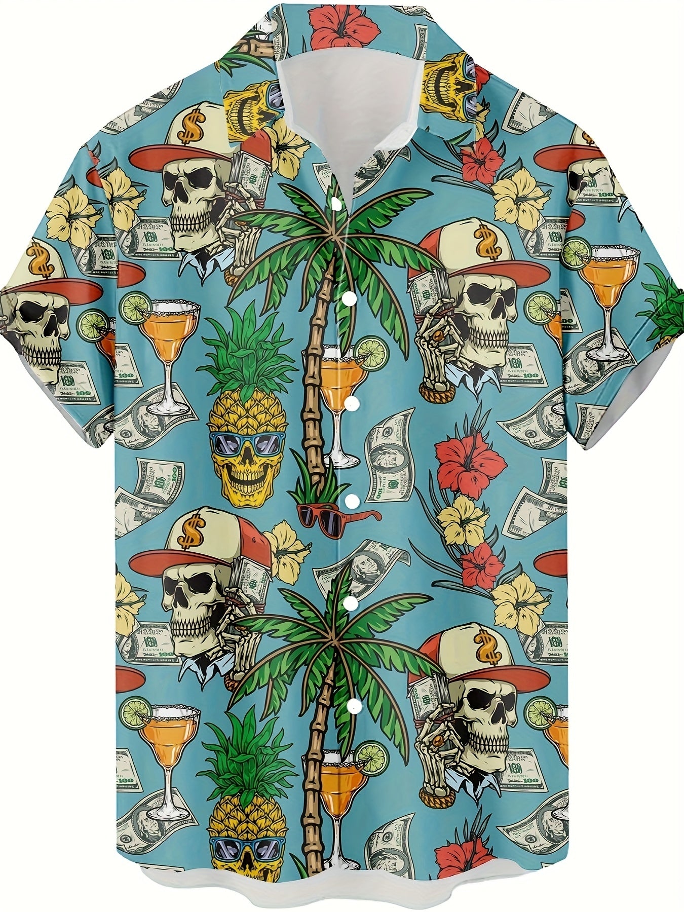 Herren Hawaiian Hemd mit Totenkopf und Sommermuster – Kurzarm, Party & Freizeit