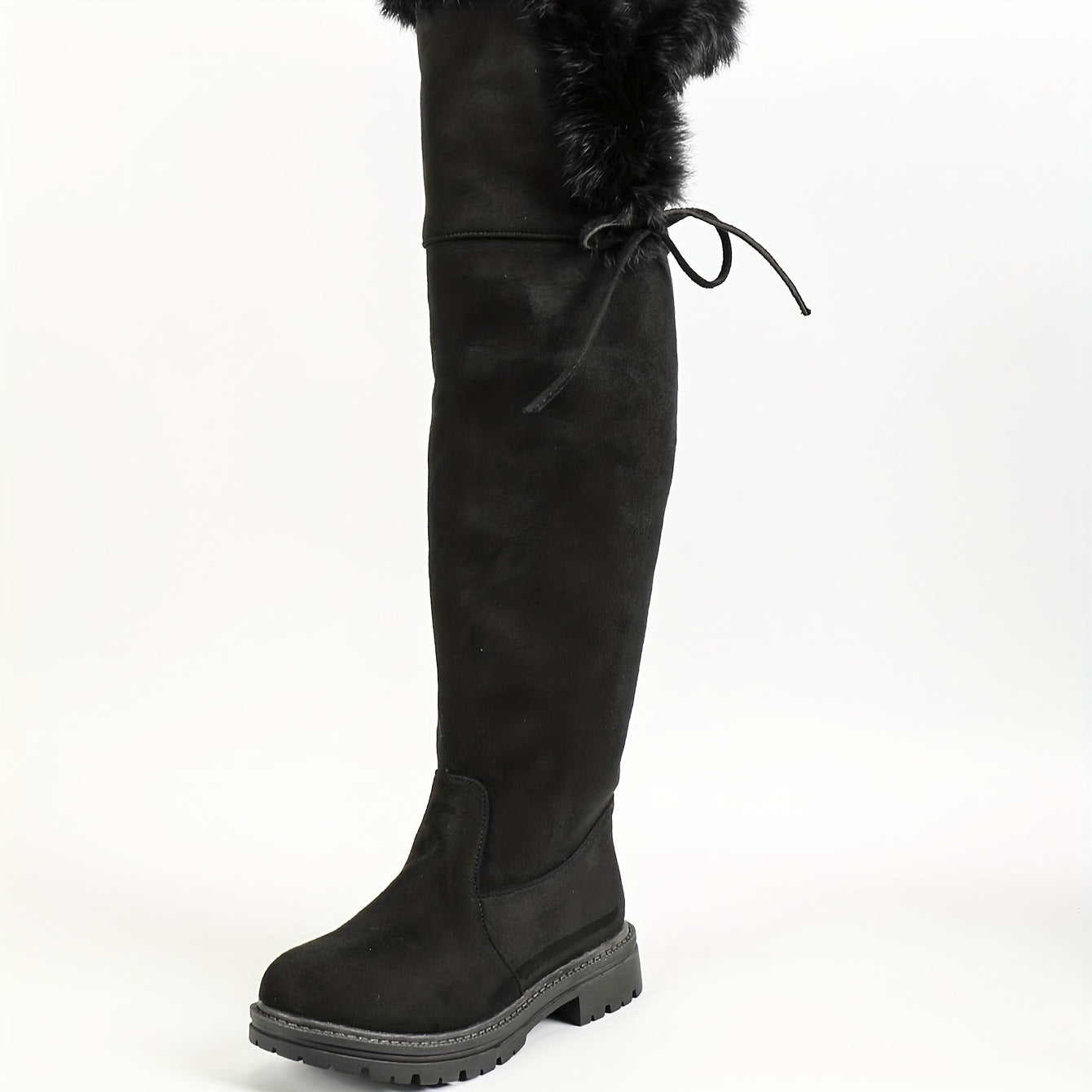 Damen Overknee Stiefel Schwarz mit Kunstfell und Schnürung Profilsohle