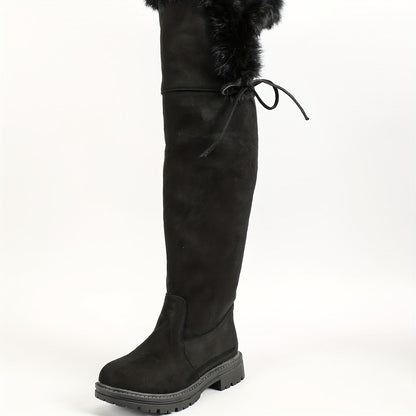 Damen Overknee Stiefel Schwarz mit Kunstfell und Schnürung Profilsohle
