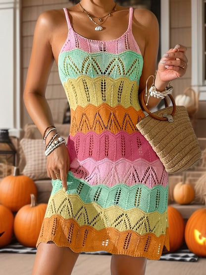 Damen Boho Strick Minikleid mit Chevron-Muster und Spaghettiträgern – Perfekt für Urlaub und Freizeit