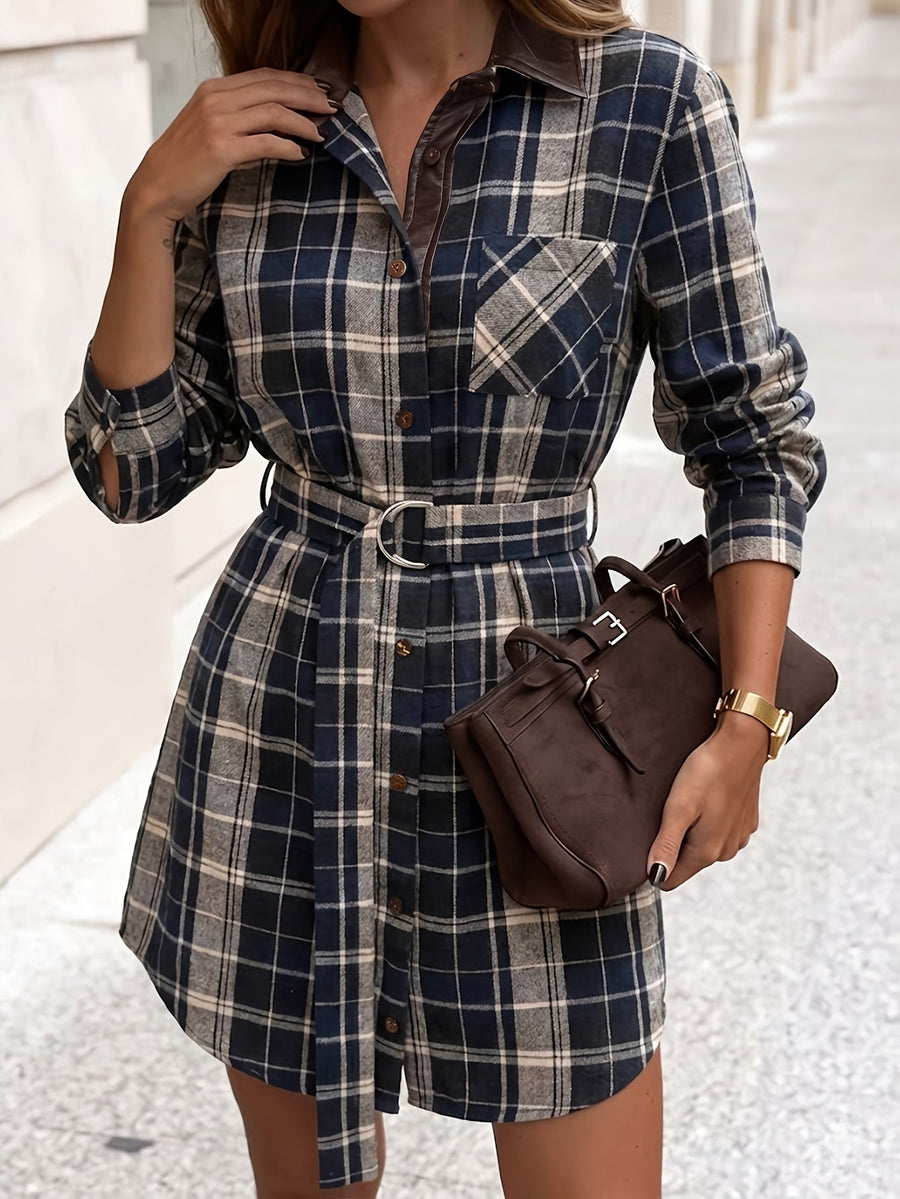 Damen Hemdblusenkleid kariert mit Gürtel Langarm