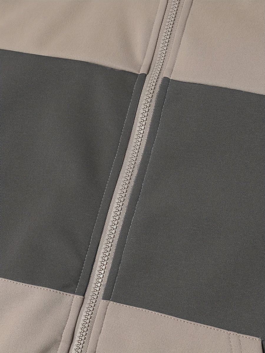 Herren Kapuzenjacke mit Reißverschluss, Color-Block, Rippbündchen, Khaki-Schwarz