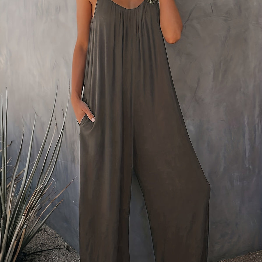 Damen Weite Casual Jumpsuit mit Spaghettiträgern – Luftiger Einteiler für Freizeit & Urlaub