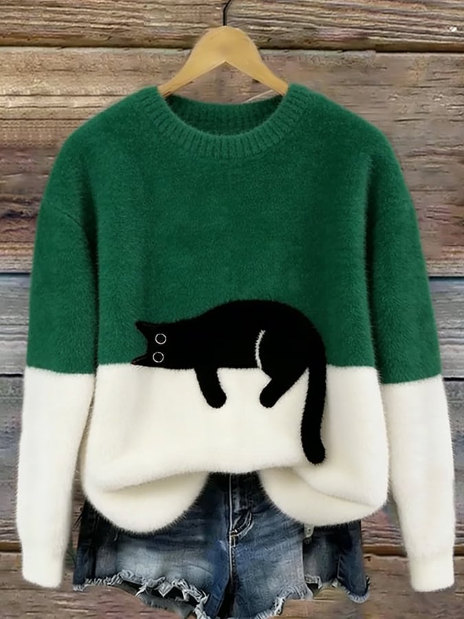 Weicher Damen Pullover mit Katze Rundhals Langarm Strickpullover Mehrfarbig