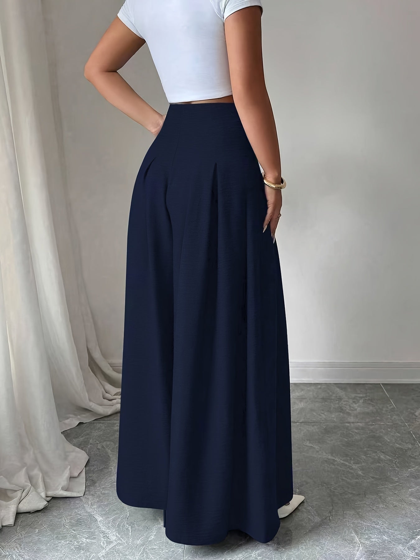 Damen Weite High-Waist-Hose mit Knopfdetails und Eleganten Falten – Modische Business & Freizeit Wide Leg Pants