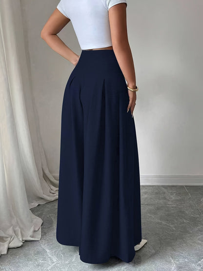 Damen Weite High-Waist-Hose mit Knopfdetails und Eleganten Falten – Modische Business & Freizeit Wide Leg Pants