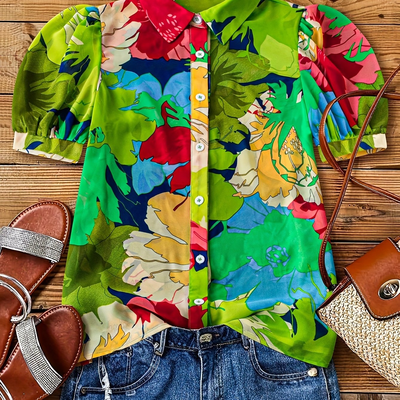 Damen Bluse mit Blumenmuster und Puffärmeln – Modische Hemdbluse für Freizeit und Ausgehen
