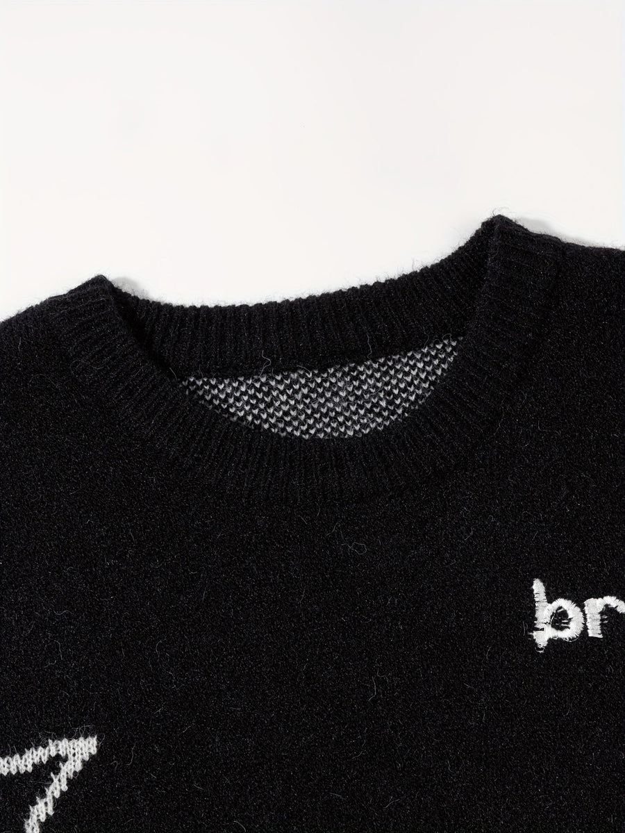 Unisex Strickpullover Rundhals mit Planeten- & Sternenmuster, Weit Geschnitten