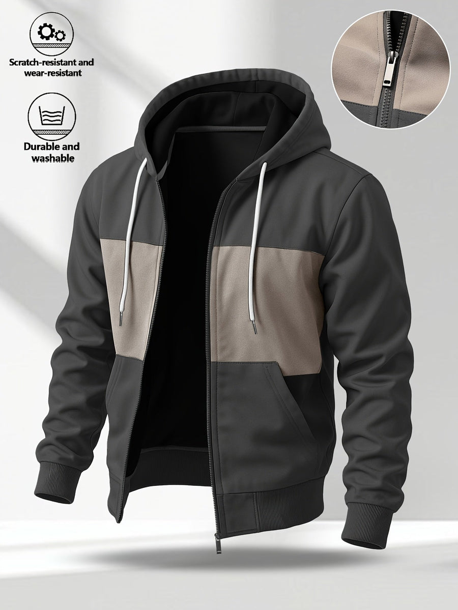 Herren Kapuzenjacke mit Reißverschluss, Color-Block, Rippbündchen, Khaki-Schwarz