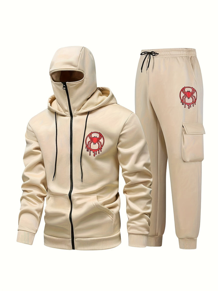 Unisex Kapuzenpullover und Jogginghose Trainingsanzug mit Balaclava-Haube und Spinnenmotiv, Reißverschluss, Taschen