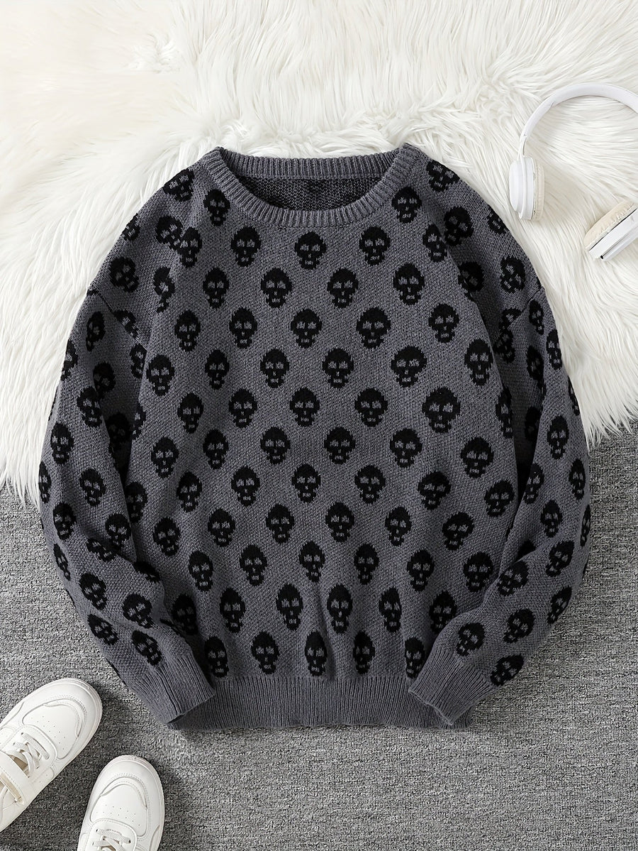 Unisex Strickpullover mit Rundhalsausschnitt und Totenkopfmuster