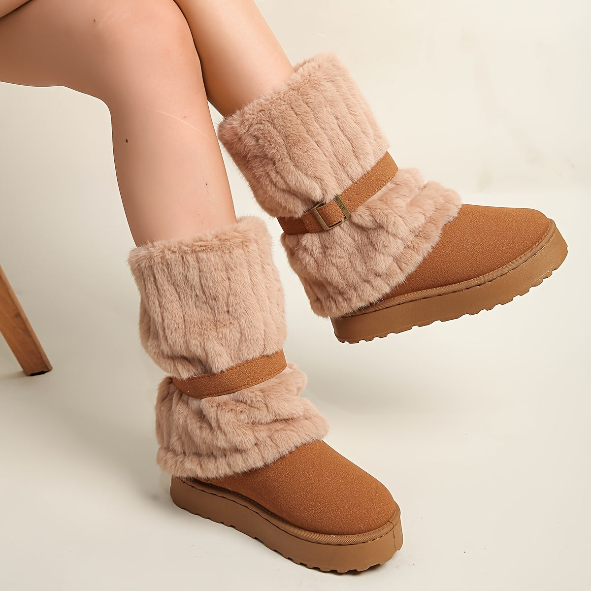 Damen Winterstiefel mit Kunstfell und Schnalle, gefüttert, in Beige, Braun und Schwarz