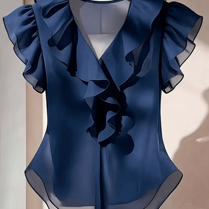 Damen Rüschenbluse mit V-Ausschnitt und Volantärmeln – Eleganter Stil für Büro und besondere Anlässe