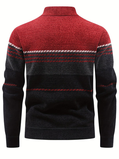 Herren Winter Pullover Half-Zip Stehkragen Gestreift Warm gefüttert
