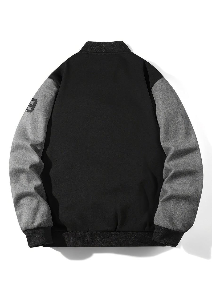 College Jacke Unisex mit Kontrastärmeln Druckknopfverschluss und Schriftzug