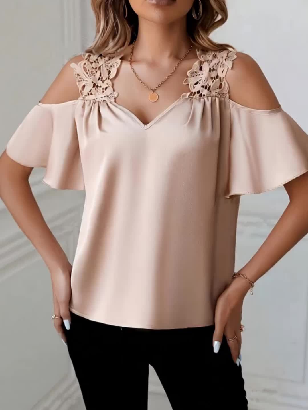 Damen Cold-Shoulder Bluse mit Spitze und Elegantem Schnitt für Alltag und Ausgehen