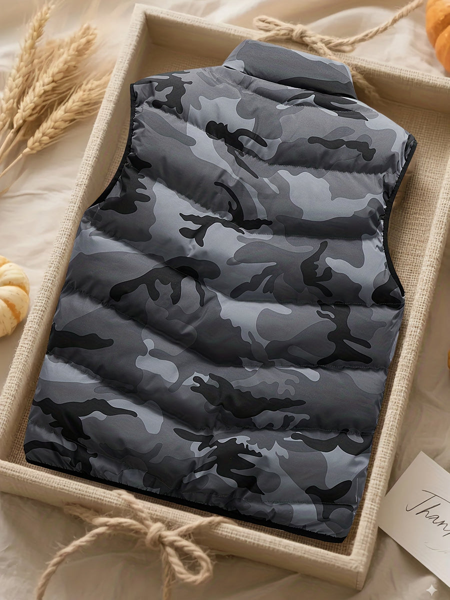 Unisex Camouflage Weste Stehkragen Gesteppt Gefüttert Reißverschluss Outdoor Alltagsmode