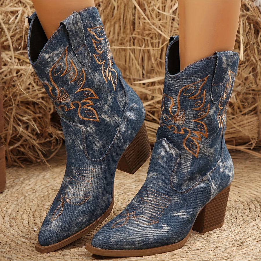 Cowboylaarzen dames enkellaarsjes met denimlook, borduursel en blokhak
