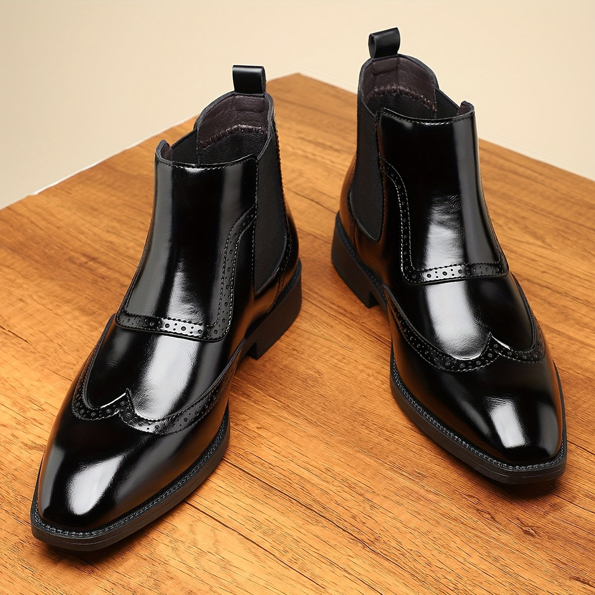 Herren Chelsea Boot Brogue Glatt Optik Elastikeinsatz Elegant Business