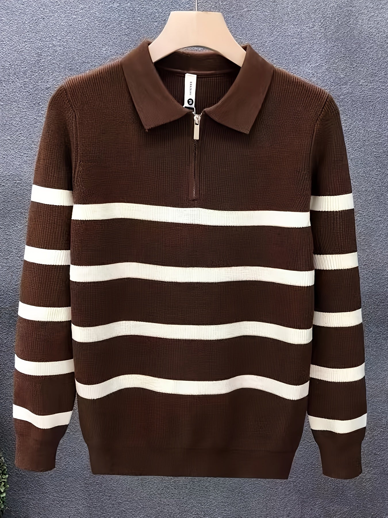Unisex Langarm-Poloshirt mit Reißverschluss und Streifenmuster