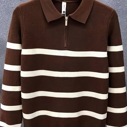 Unisex Langarm-Poloshirt mit Reißverschluss und Streifenmuster